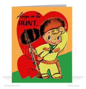 Charming 1940s-1950s Vintage-Inspired Valentine's Day Cards: Retro Boy Hunter with Hearts