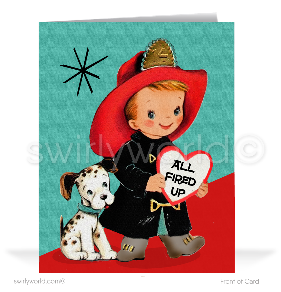 Charming 1940s-1950s Vintage-Inspired Valentine's Day Cards: Firefighter and Dalmation