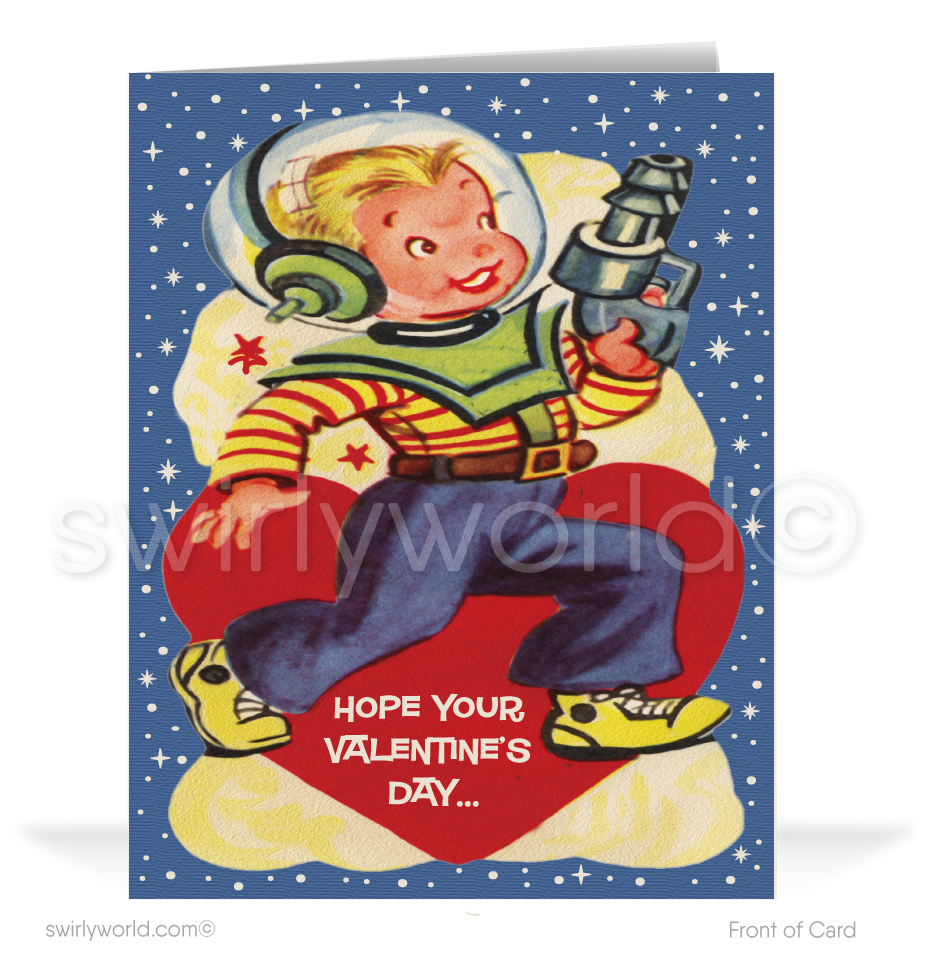 Charming 1940s-1950s Vintage-Inspired Valentine's Day Cards: Retro Spaceman with Hearts