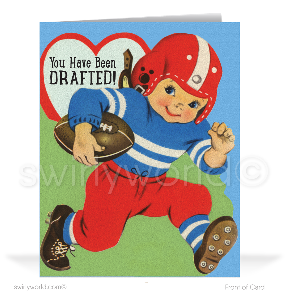 Charming 1940s-1950s Vintage-Inspired Valentine's Day Cards: Retro Football Player with Hearts