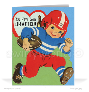 Charming 1940s-1950s Vintage-Inspired Valentine's Day Cards: Retro Football Player with Hearts