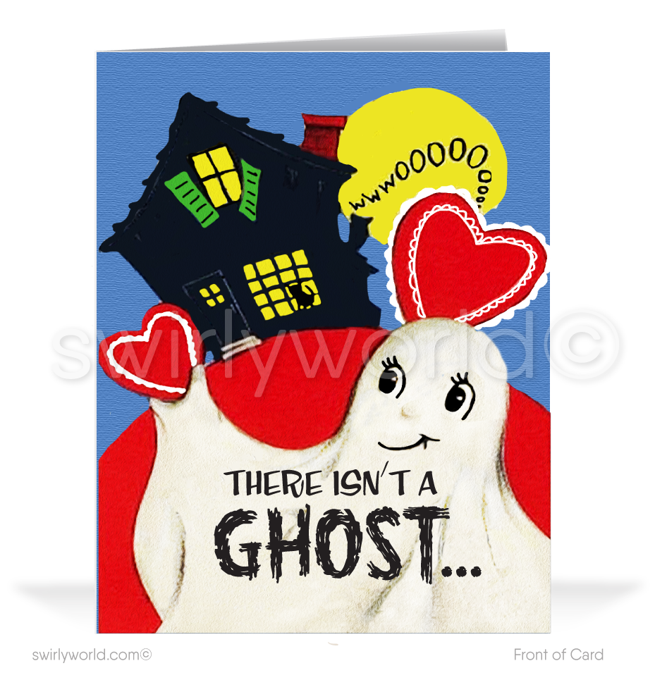 Charming 1940s-1950s Vintage-Inspired Valentine's Day Cards: Retro Ghost and Haunted House