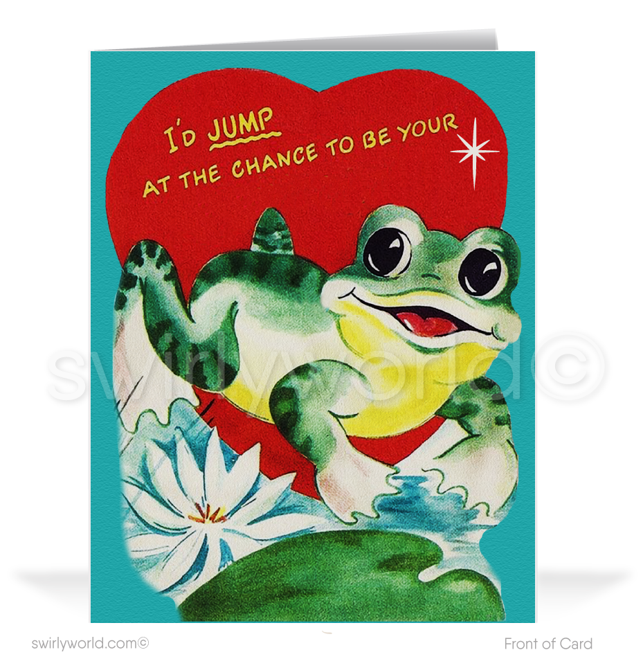 Charming 1940s-1950s Vintage-Inspired Valentine's Day Cards: Retro Frog Jumping with Hearts