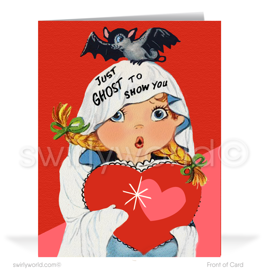 Charming 1940s-1950s Vintage-Inspired Valentine's Day Cards: Retro Girl Dressed as Ghost