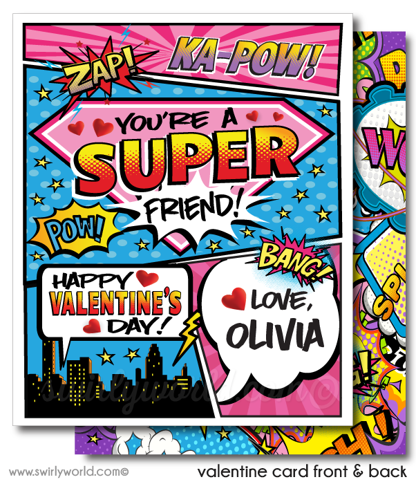 Girl Power Pink Purple Superhero Valentine's Day Cards for Printable Digital Download