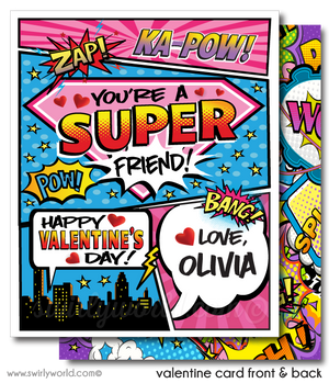 Girl Power Pink Purple Superhero Valentine's Day Cards for Printable Digital Download