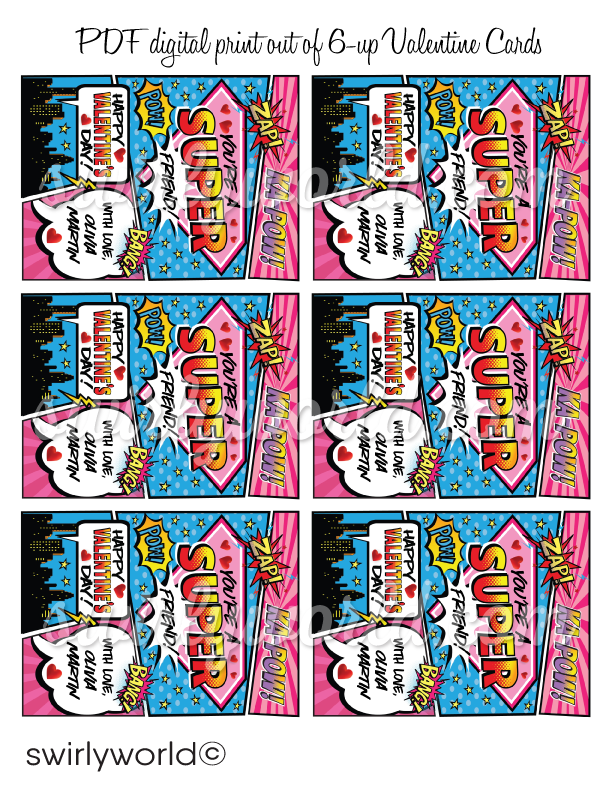 Girl Power Pink Purple Superhero Valentine's Day Cards for Printable Digital Download