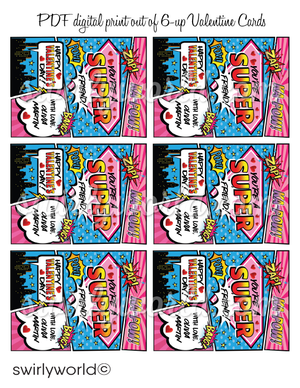 Girl Power Pink Purple Superhero Valentine's Day Cards for Printable Digital Download