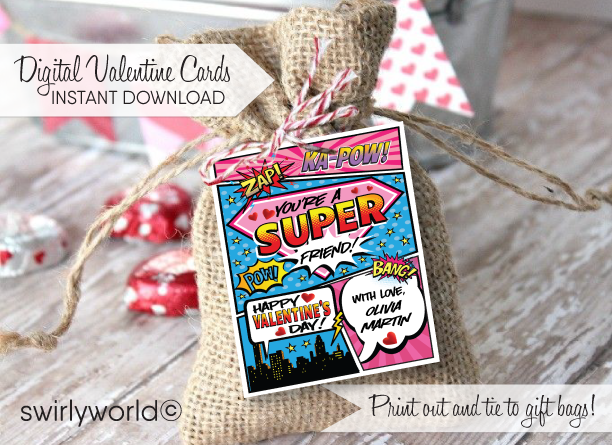 Girl Power Pink Purple Superhero Valentine's Day Cards for Printable Digital Download