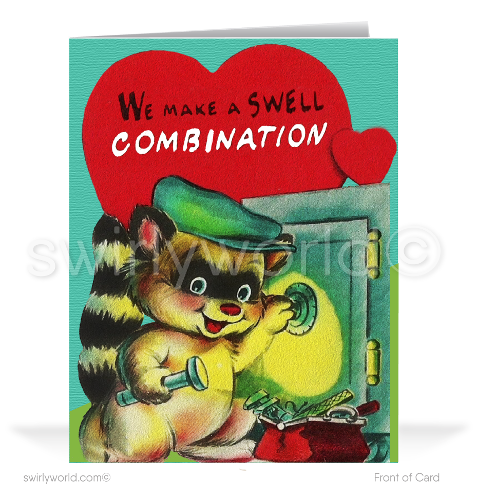 Charming 1940s-1950s Vintage-Inspired Valentine's Day Cards: Retro Racoon Robber