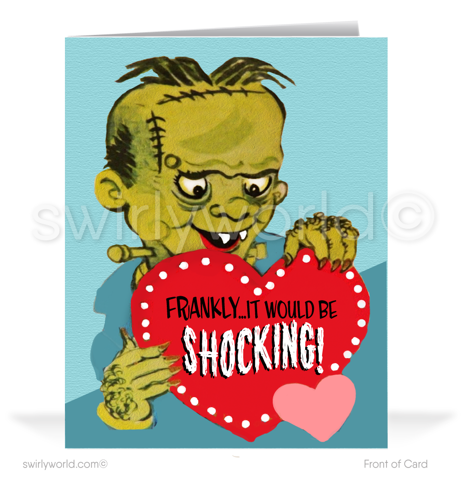 Charming 1940s-1950s Vintage-Inspired Valentine's Day Cards: Frankenstein Monster with Hearts