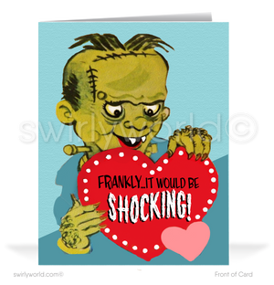 Charming 1940s-1950s Vintage-Inspired Valentine's Day Cards: Frankenstein Monster with Hearts