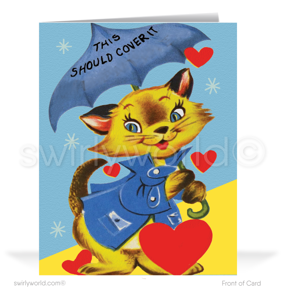 Charming 1940s-1950s Vintage-Inspired Valentine's Day Cards: Retro Kitty Cat with Hearts