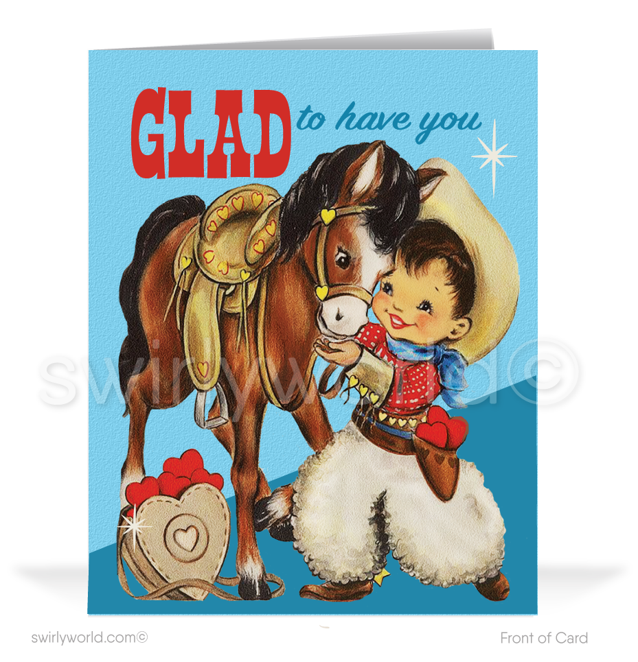 Retro mid-century 1950s western cowboy and cowgirl vintage kitsch Valentine's day cards.