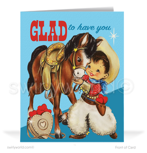 Shop 1950s-inspired Valentine’s cards! Featuring a cowboy and his horse with a sweet message. Nostalgic mid-century design with starburst accents on premium stock.