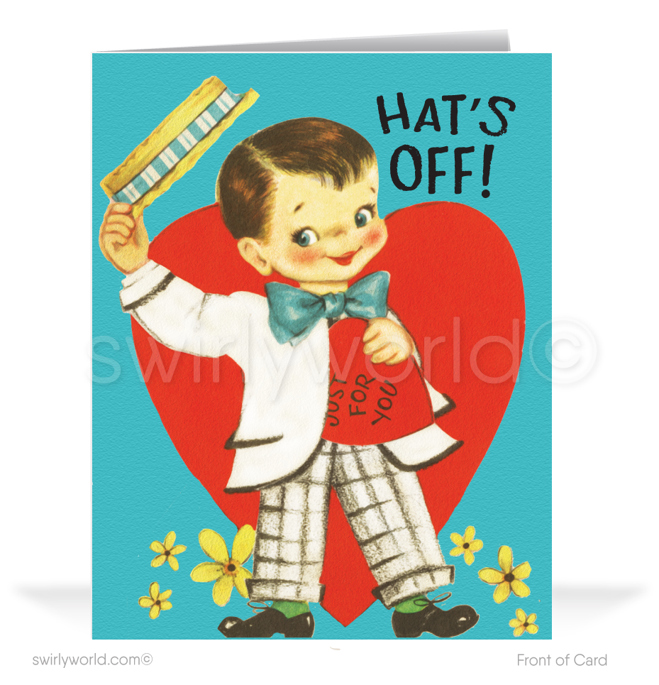 Charming 1940s-1950s Vintage-Inspired Valentine's Day Cards: Retro Boy with Hearts