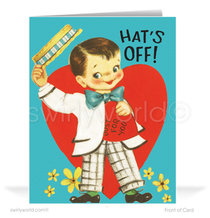 Charming 1940s-1950s Vintage-Inspired Valentine's Day Cards: Retro Boy with Hearts