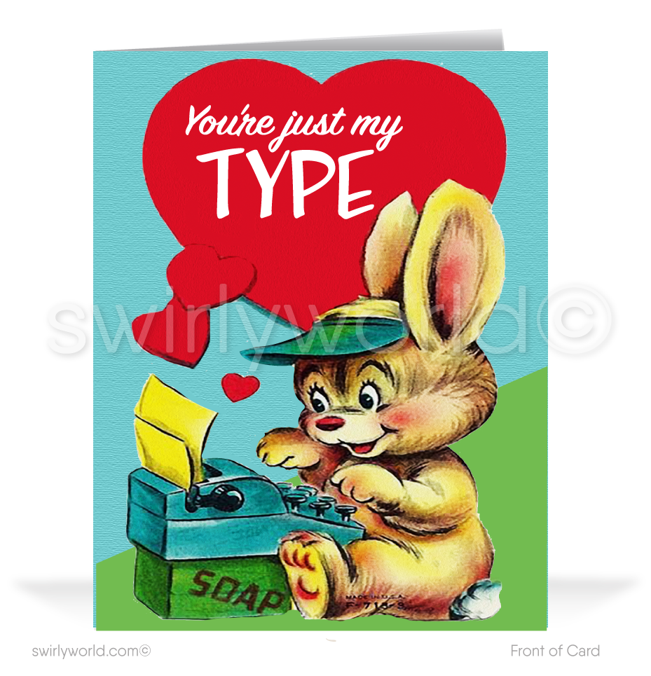 Charming 1940s-1950s Vintage-Inspired Valentine's Day Cards: Retro Bunny with Typewriter