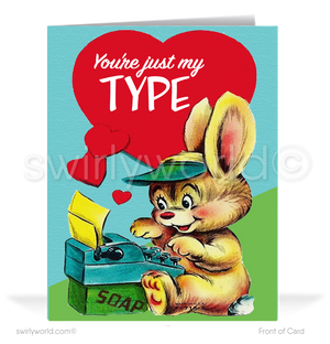 Charming 1940s-1950s Vintage-Inspired Valentine's Day Cards: Retro Bunny with Typewriter