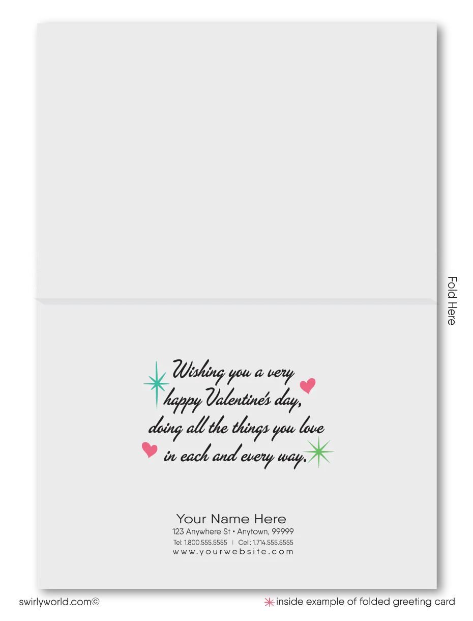 Digital retro mid-century atomic modern vintage style starbursts happy Valentine's Day greeting cards. 
