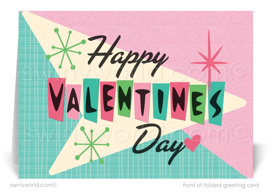 Digital retro mid-century atomic modern vintage style starbursts happy Valentine's Day greeting cards. 