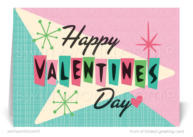 Digital retro mid-century atomic modern vintage style starbursts happy Valentine's Day greeting cards. 