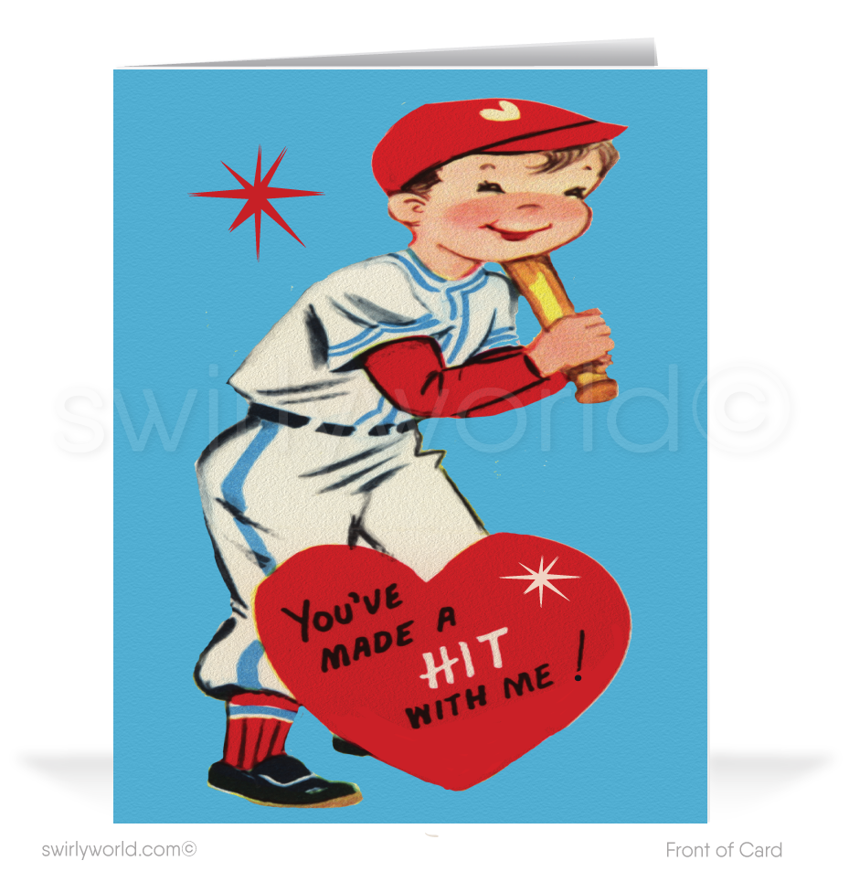 Charming 1940s-1950s Vintage-Inspired Valentine's Day Cards: Retro Baseball Player with Hearts