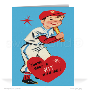 Charming 1940s-1950s Vintage-Inspired Valentine's Day Cards: Retro Baseball Player with Hearts