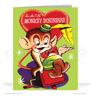 Charming 1940s-1950s Vintage-Inspired Valentine's Day Cards: Retro Monkey with Bananas