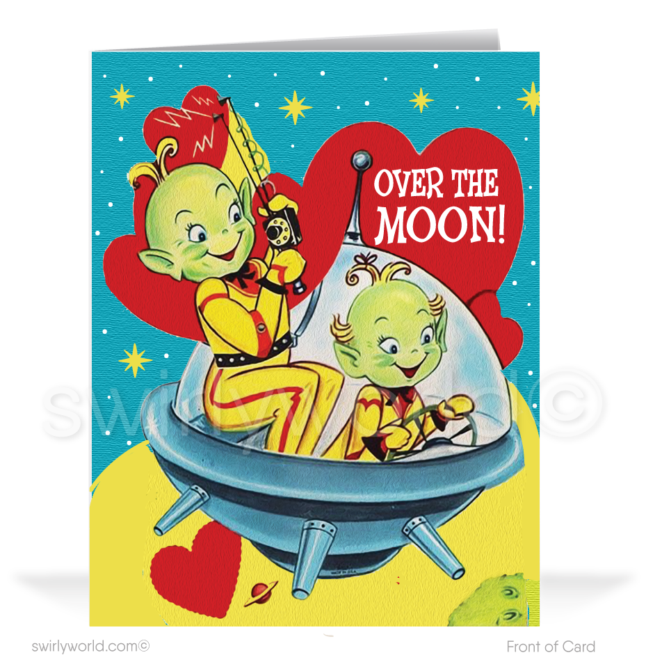 Charming 1940s 1950s Vintage Inspired Valentine s Day Cards Retro Space Aliens with Hearts
