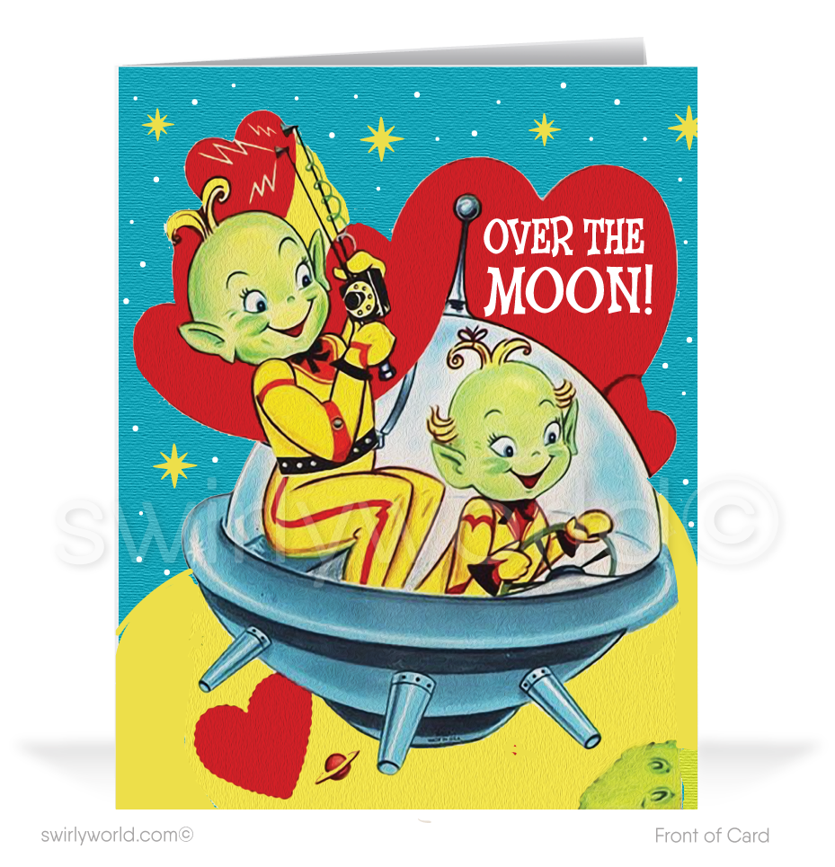 1950s Retro Space Aliens Vintage Happy Valentine Cards.