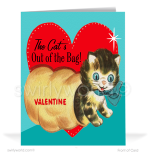 Charming 1940s-1950s Vintage-Inspired Valentine's Day Cards: Kitty Cat in Bag With Hearts