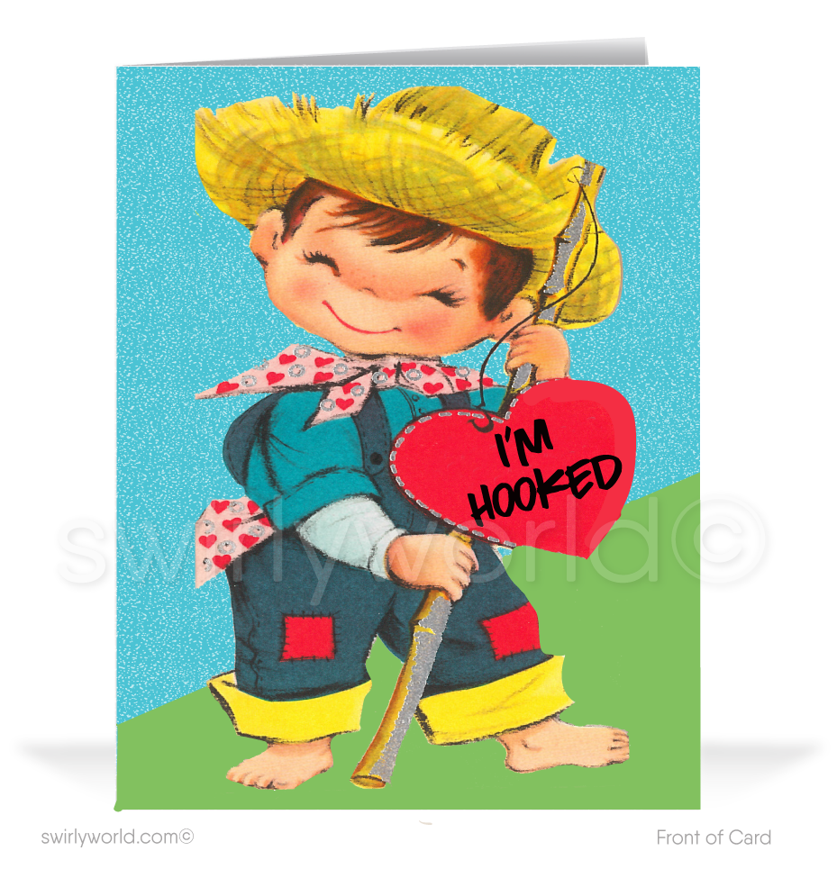 Charming 1940s-1950s Vintage-Inspired Valentine's Day Cards: Retro Hillbilly Boy with Hearts
