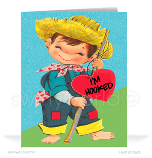Charming 1940s-1950s Vintage-Inspired Valentine's Day Cards: Retro Hillbilly Boy with Hearts