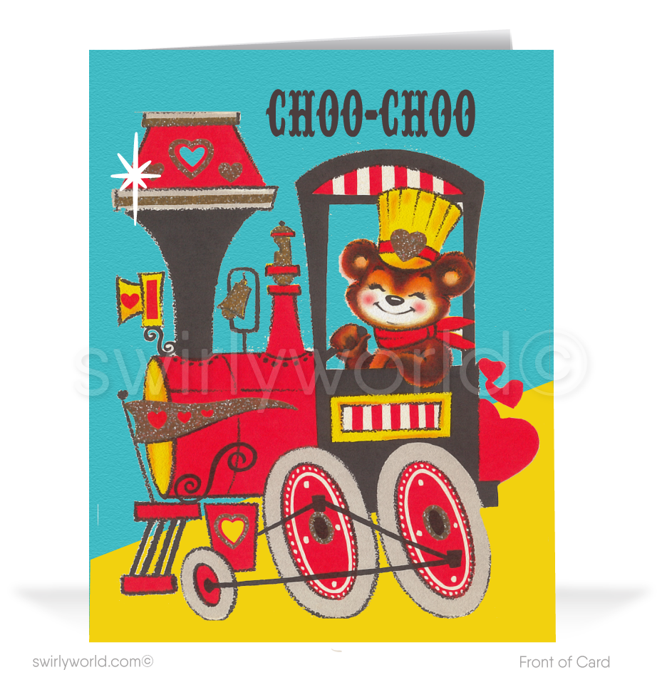Charming 1940s-1950s Vintage-Inspired Valentine's Day Cards: Retro Choo Choo Train with Bear