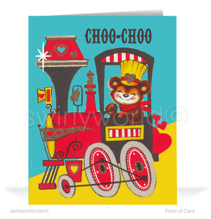 Charming 1940s-1950s Vintage-Inspired Valentine's Day Cards: Retro Choo Choo Train with Bear