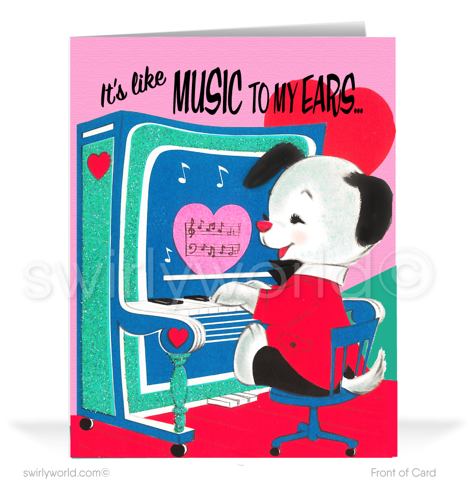 Charming 1940s-1950s Vintage-Inspired Valentine's Day Cards: Dog Playing Piano with Hearts
