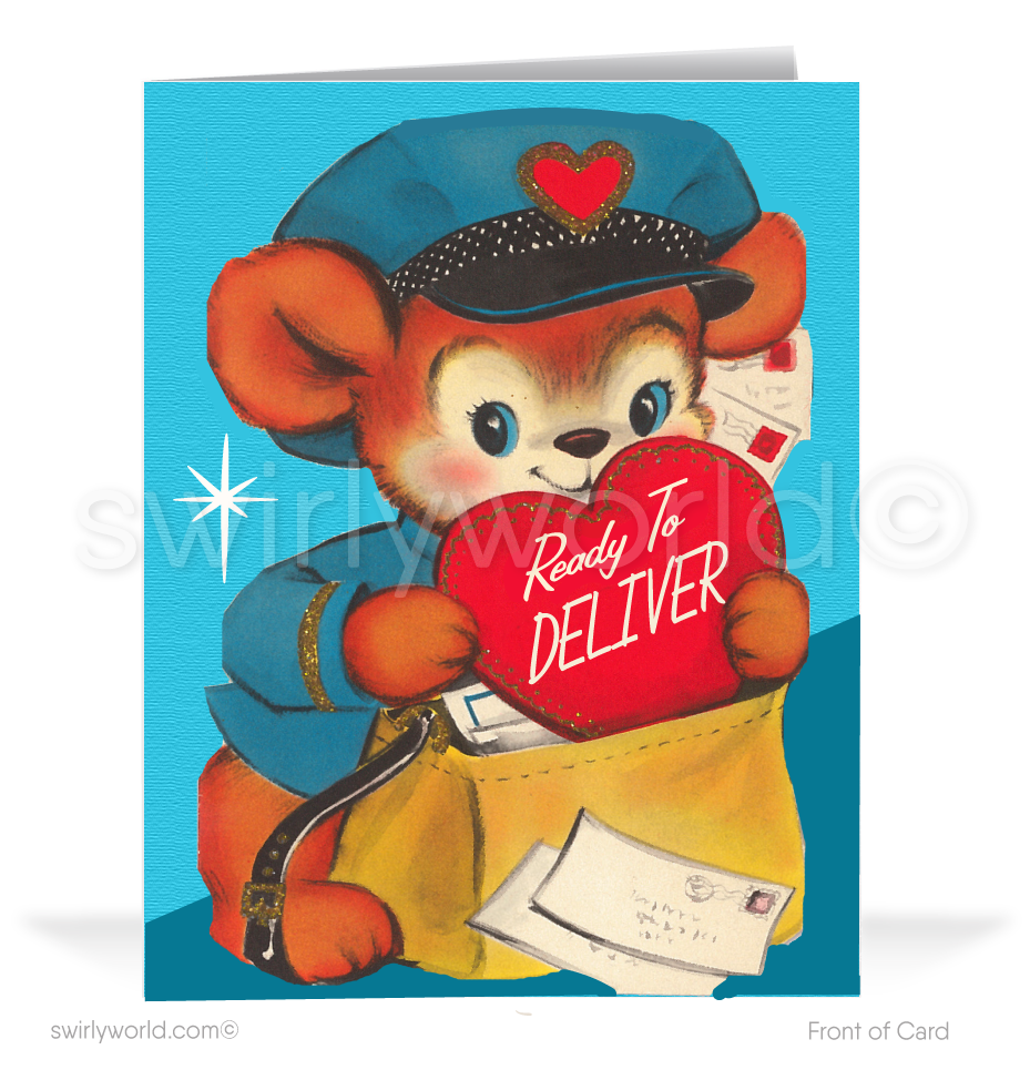 Charming 1940s-1950s Vintage-Inspired Valentine's Day Cards: Cute Teddy Bear with Hearts