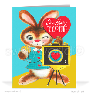 Charming 1940s-1950s Vintage-Inspired Valentine's Day Cards: Retro Bunny Rabbit with Hearts