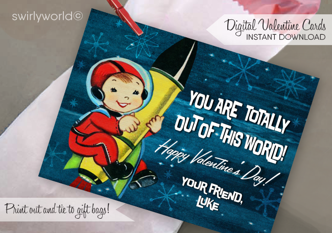 1950s style vintage Valentine's Day cards. Mid-century retro outer-space astronaut Valentine cards for boys school classroom.