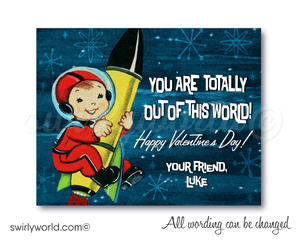 1950s style vintage Valentine's Day cards. Mid-century retro outer-space astronaut Valentine cards for boys school classroom.