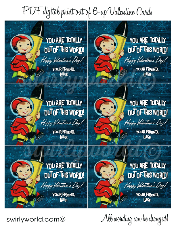 1950s style vintage Valentine's Day cards. Mid-century retro outer-space astronaut Valentine cards for boys school classroom.