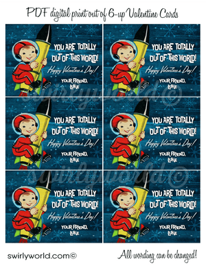 1950s style vintage Valentine's Day cards. Mid-century retro outer-space astronaut Valentine cards for boys school classroom. https://www.corjl.com/d/2DF76