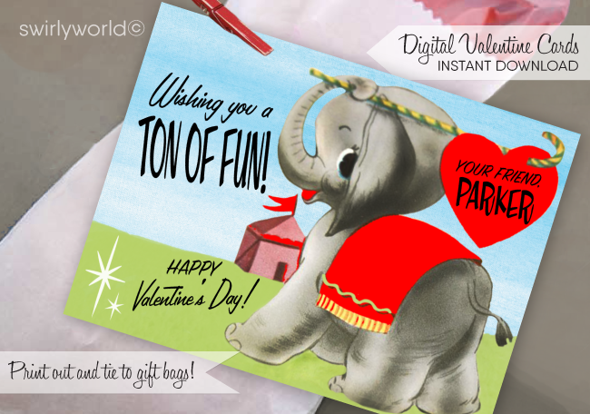 Vintage 1950's Elephant Gender Neutral Valentine's Day Card Digital Printable Download