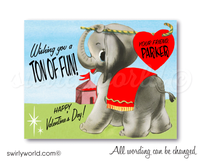Vintage 1950's Elephant Gender Neutral Valentine's Day Card Digital Printable Download