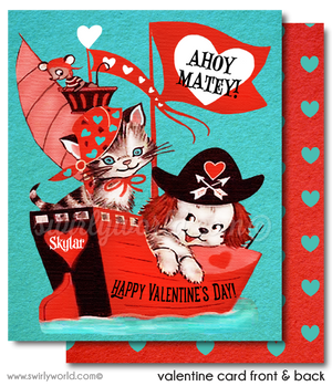 Fall in LOVE with this precious 1950s vintage Pirate Cat and Dog gender neutral Valentine's day digital printable download. 