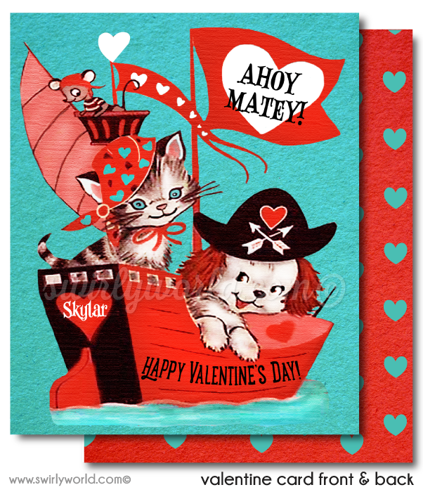 Fall in LOVE with this precious 1950s vintage Pirate Cat and Dog gender neutral Valentine's day digital printable download. 