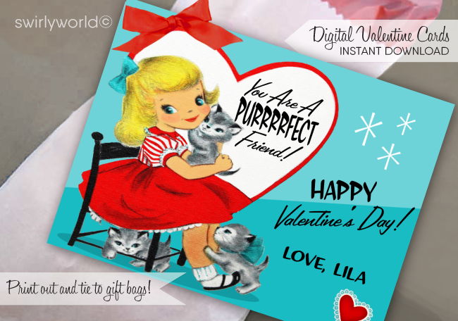Fall in LOVE with this precious kitschy 1950s girl, with adorable little kittens, Valentine's Day digital printable card.