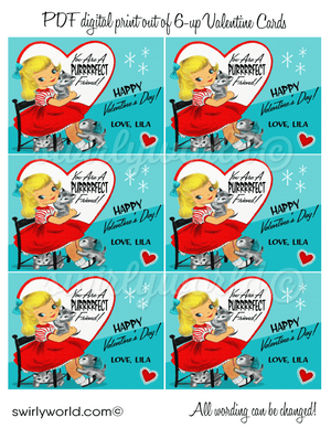 Fall in LOVE with this precious kitschy 1950s girl, with adorable little kittens, Valentine's Day digital printable card.