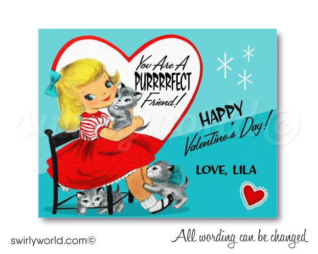 Vintage Retro 1950s Kitschy Girl with Kittens Valentine's Day Cards Di -  swirly-world-design